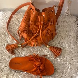 Orange fringe crossbody with orange fringe slides